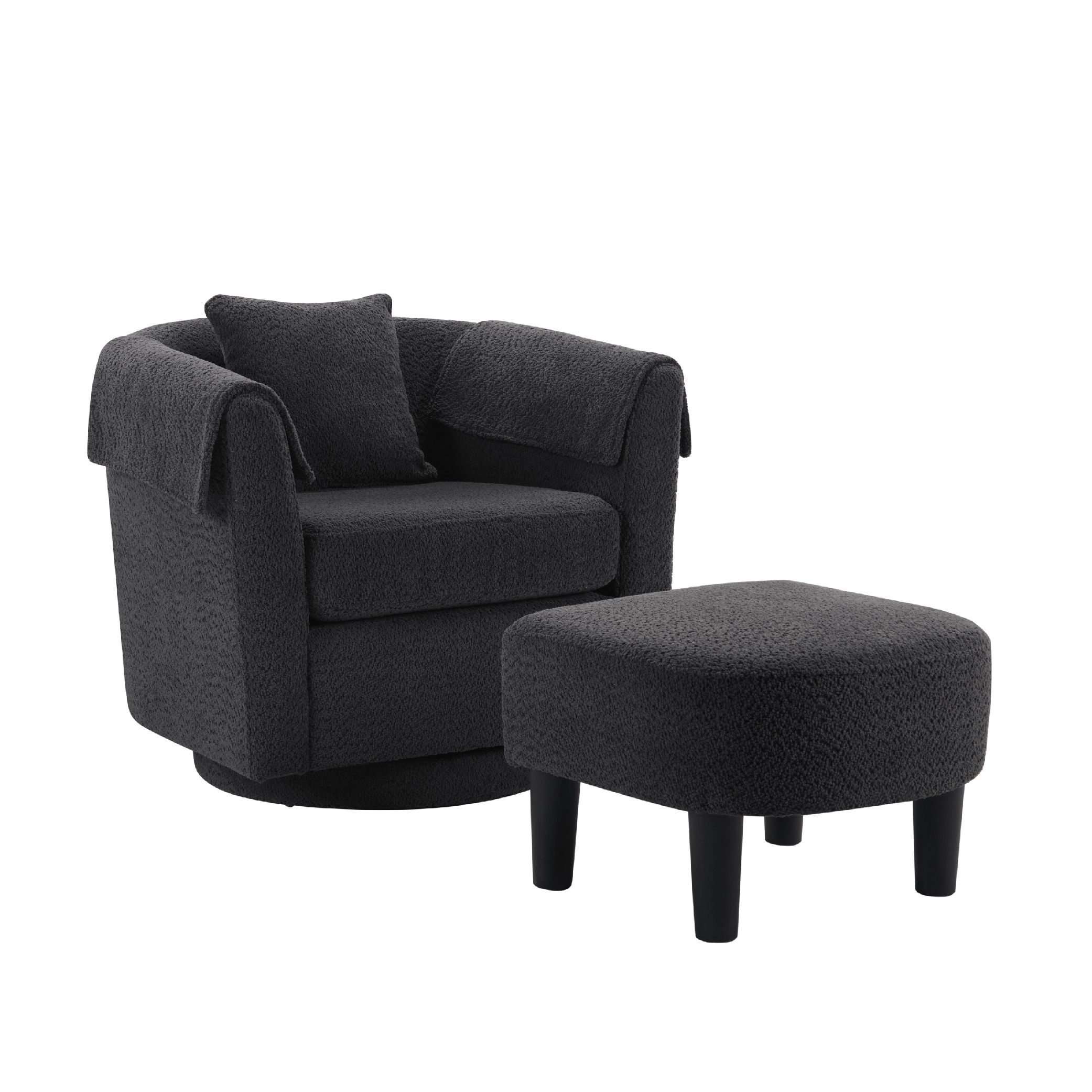 Swivel Accent Chair With Ottoman Set, Modern Chenille Barrel Armchair With Removable Back Pillow & 2 Armrest Covers For Living Room, Bedroom, Office, Black_voghion.com